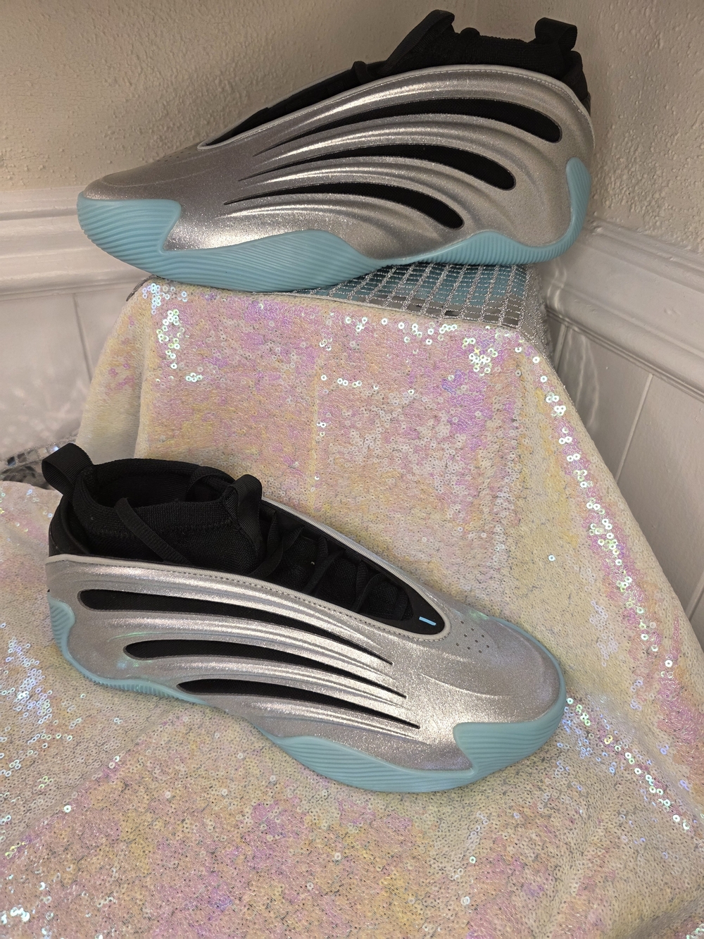 Kids Silver and Light Blue Athletic Sneakers